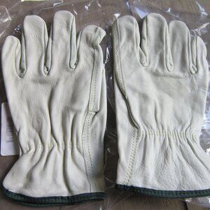 Leather Drivers Gloves Cowhide Full Finger Shirred Slip-On Medium Off-White (?)